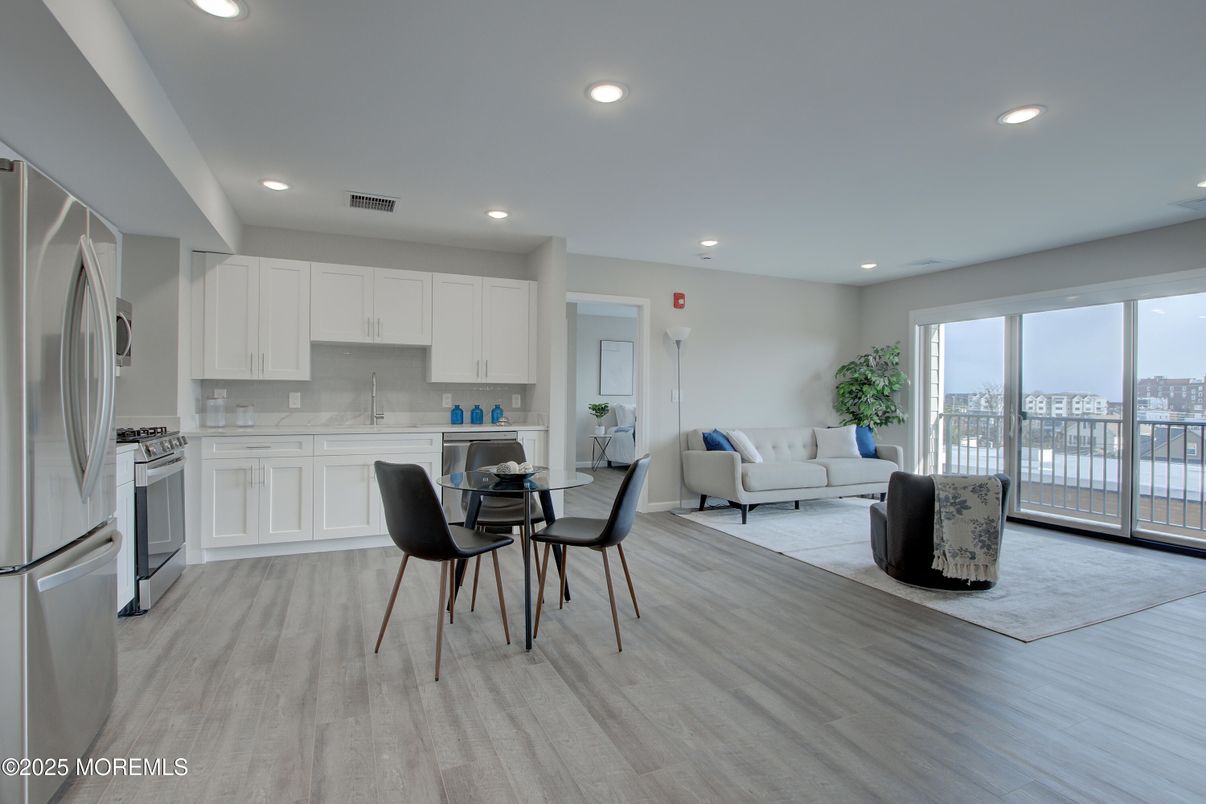 Dining room, Interior, Kitchen, Living room, Recessed Lighting, Wood Texture Flooring