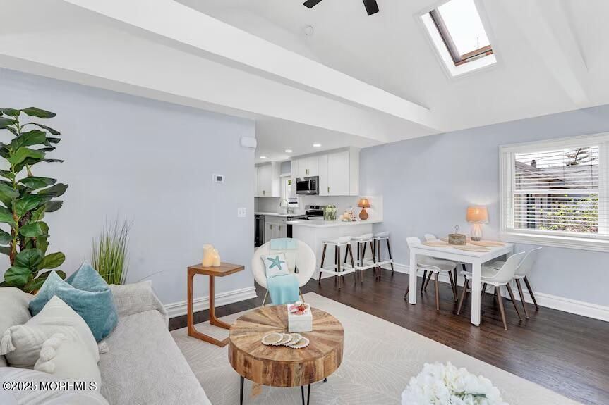 Dining room, Interior, Kitchen, Living room, Recessed Lighting, Stainless Steel Appliances, Wood Texture Flooring