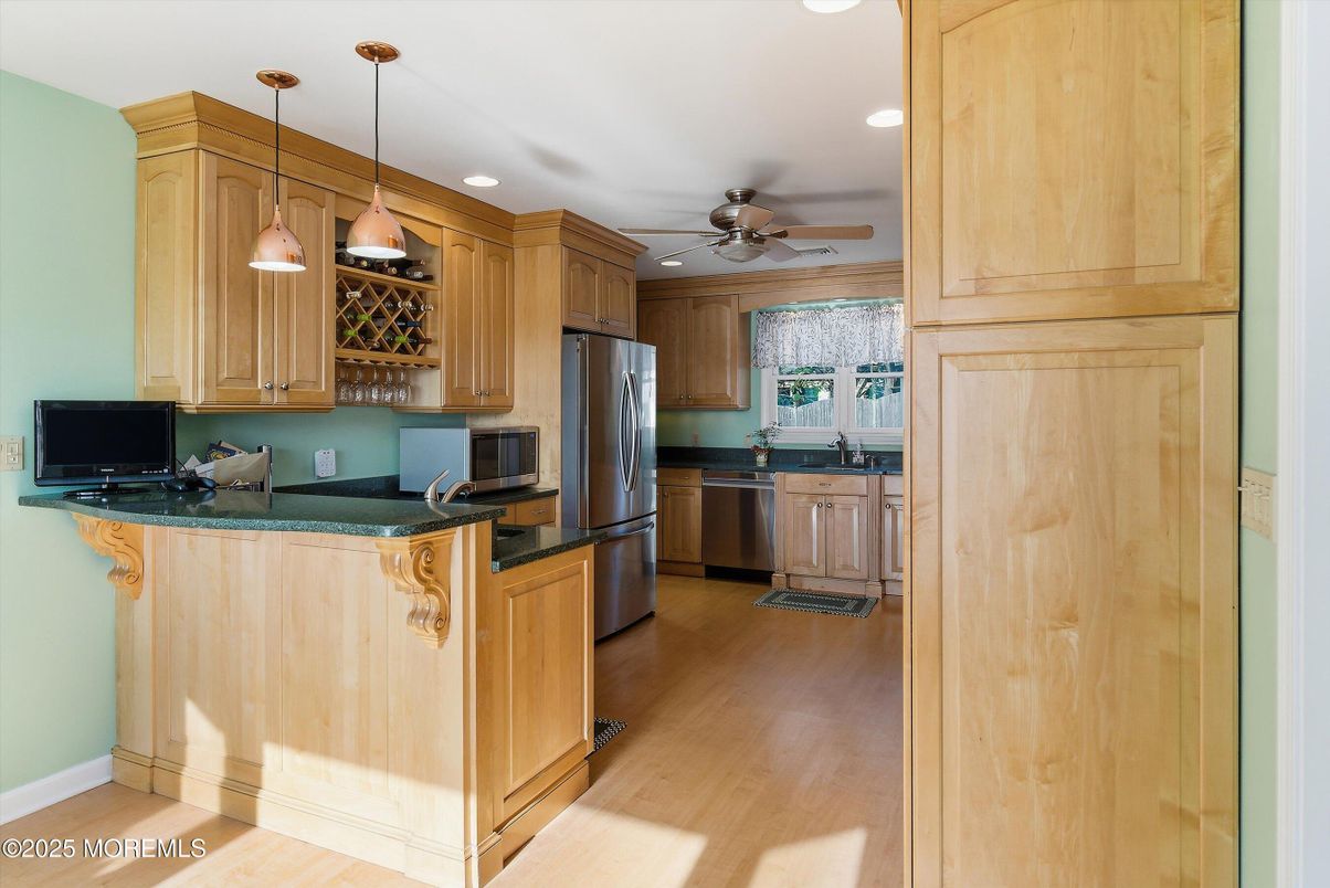 Interior, Kitchen, Pendant Lights, Recessed Lighting, Stainless Steel Appliances, Wood Texture Flooring