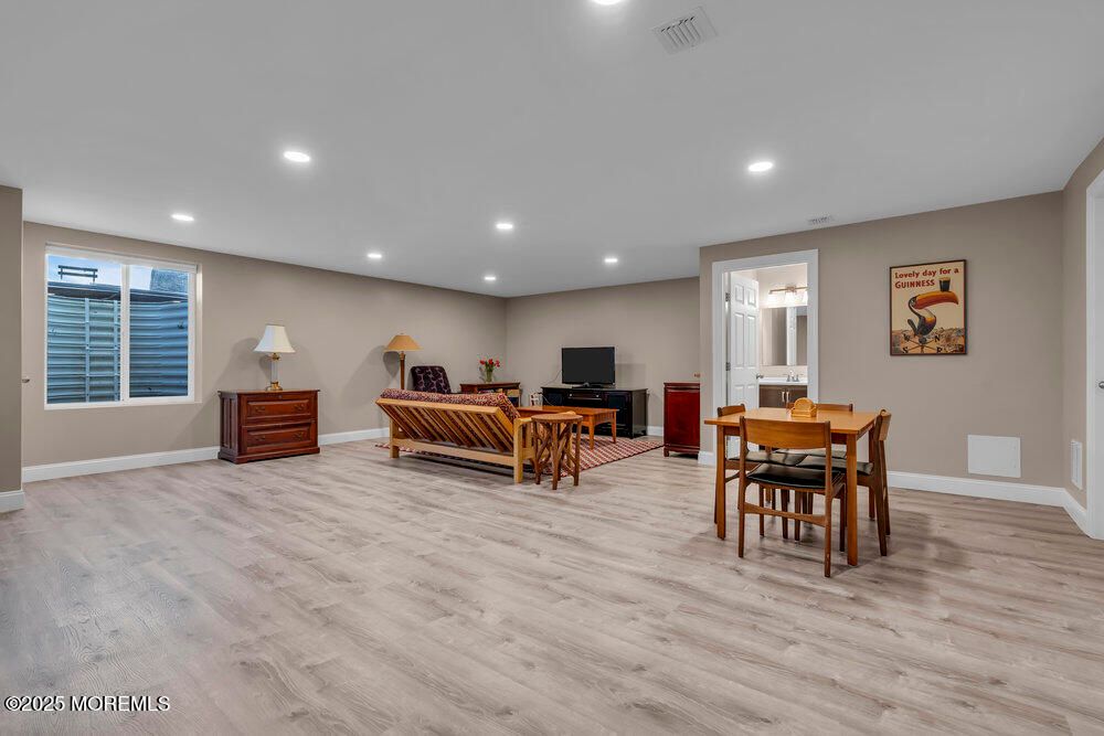 Dining room, Interior, Living room, Recessed Lighting, Wood Texture Flooring