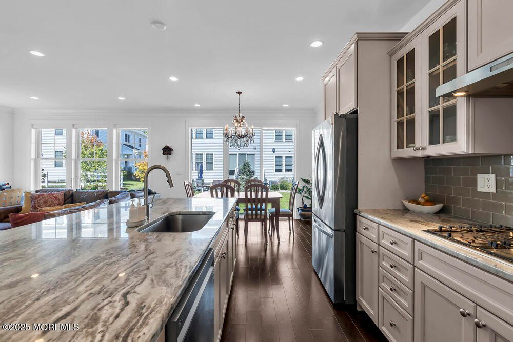 Chandelier, Dining room, Interior, Kitchen, Recessed Lighting, Wood Texture Flooring