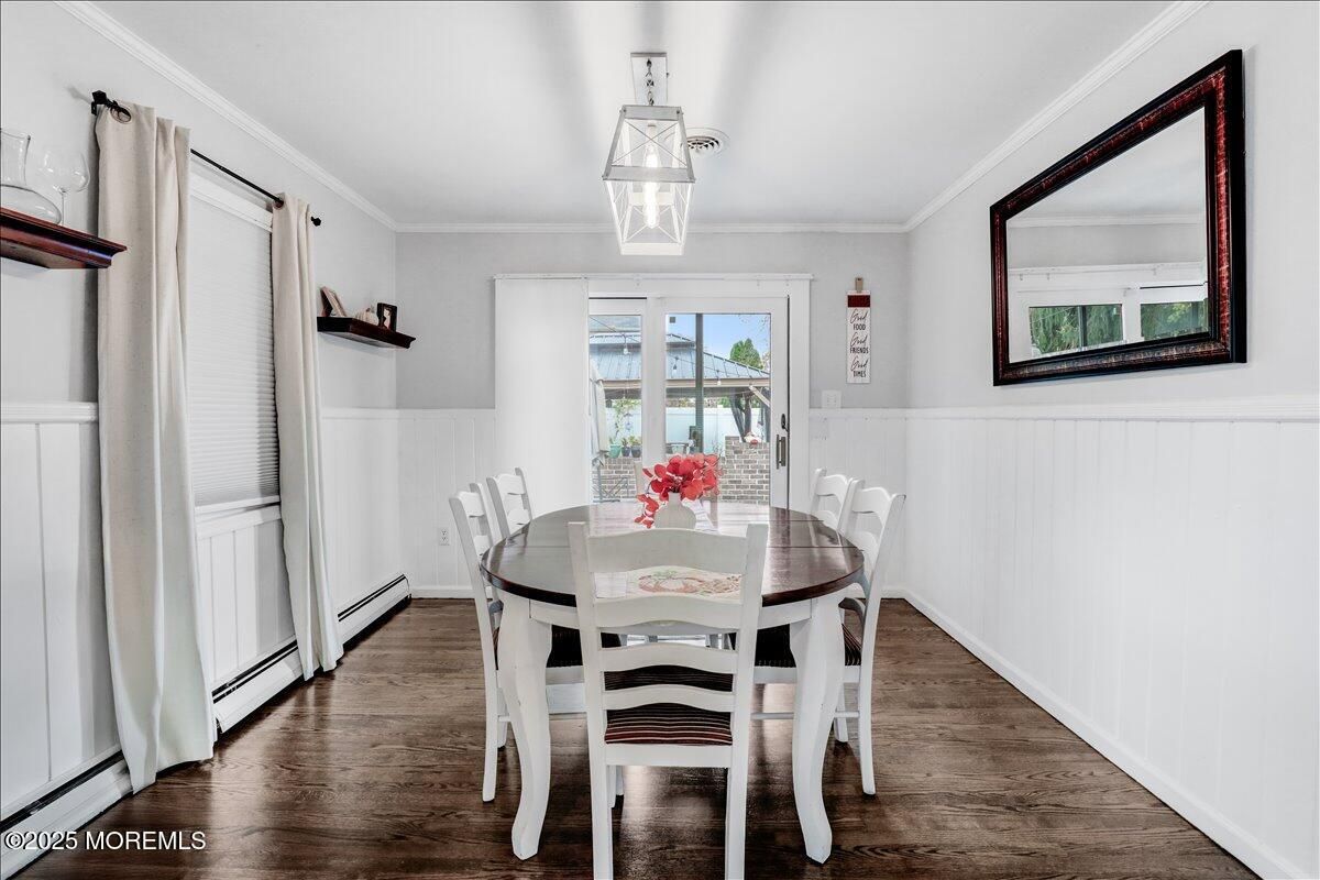 Dining room, Interior, Pendant Lights, Wood Texture Flooring