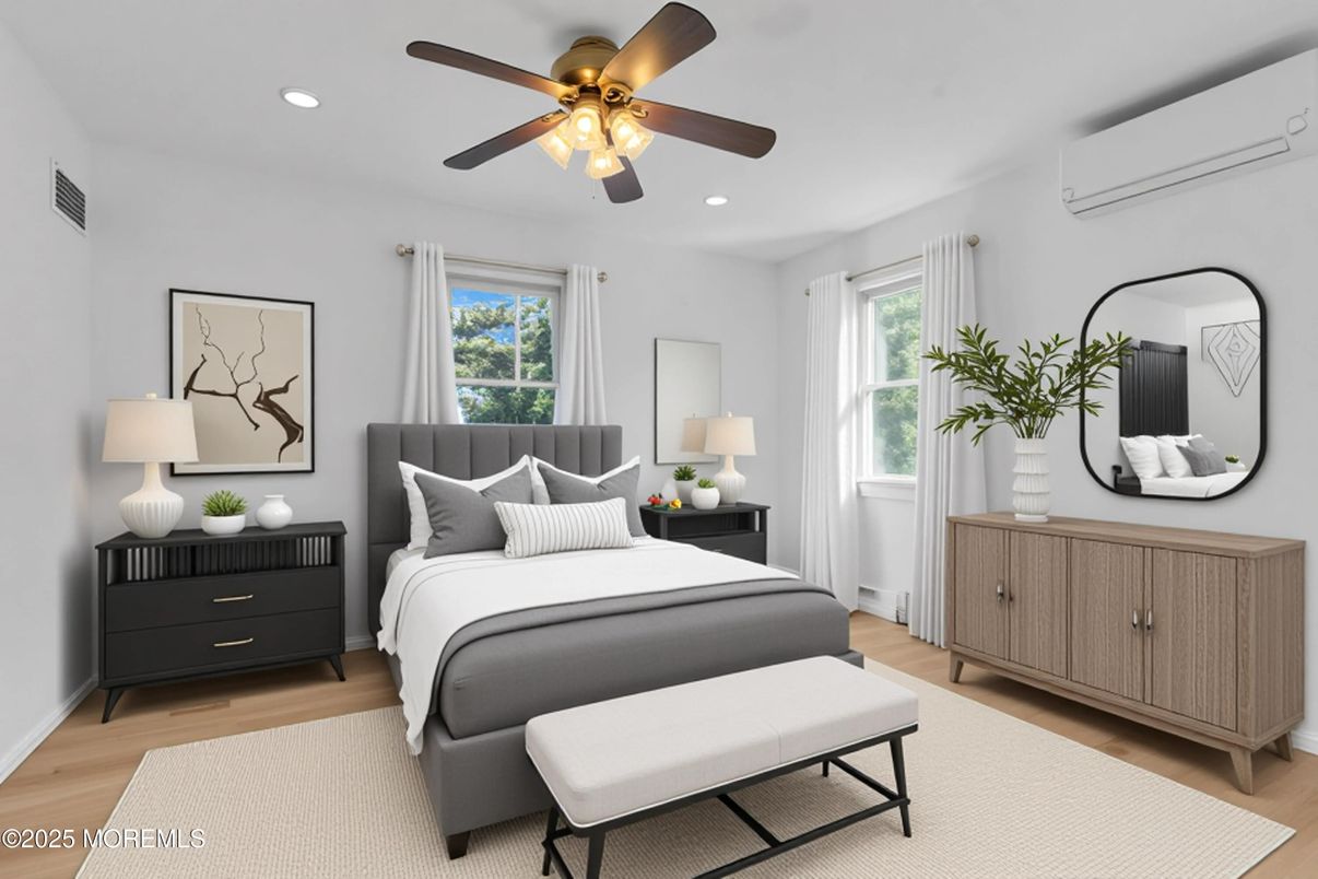 Bedroom, Interior, Recessed Lighting, Wood Texture Flooring