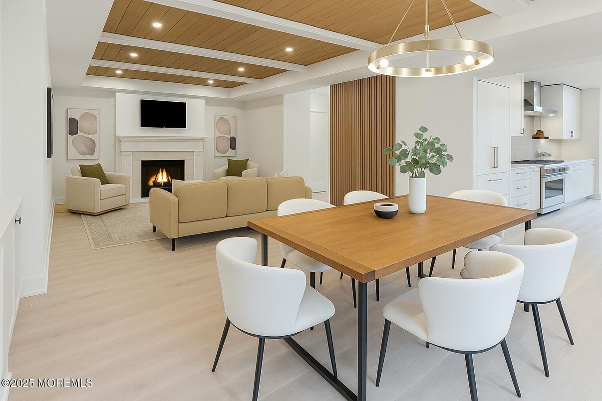 Dining room, Fireplace, Interior, Kitchen, Living room, Pendant Lights, Recessed Lighting, Wooden Ceilings, Wood Texture Flooring