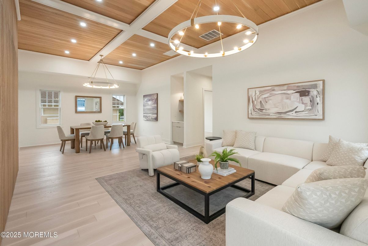 Dining room, Interior, Living room, Pendant Lights, Recessed Lighting, Wooden Ceilings, Wood Texture Flooring