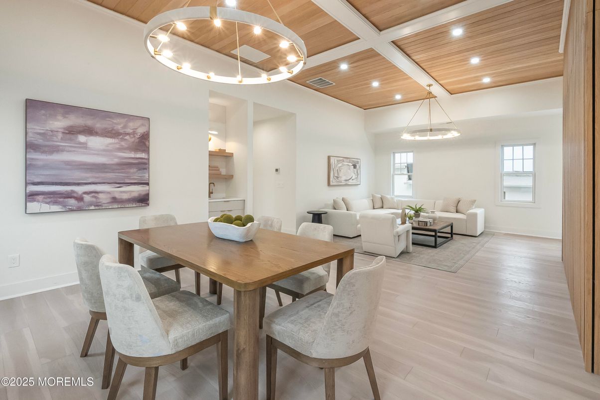 Dining room, Interior, Living room, Pendant Lights, Recessed Lighting, Wooden Ceilings, Wood Texture Flooring