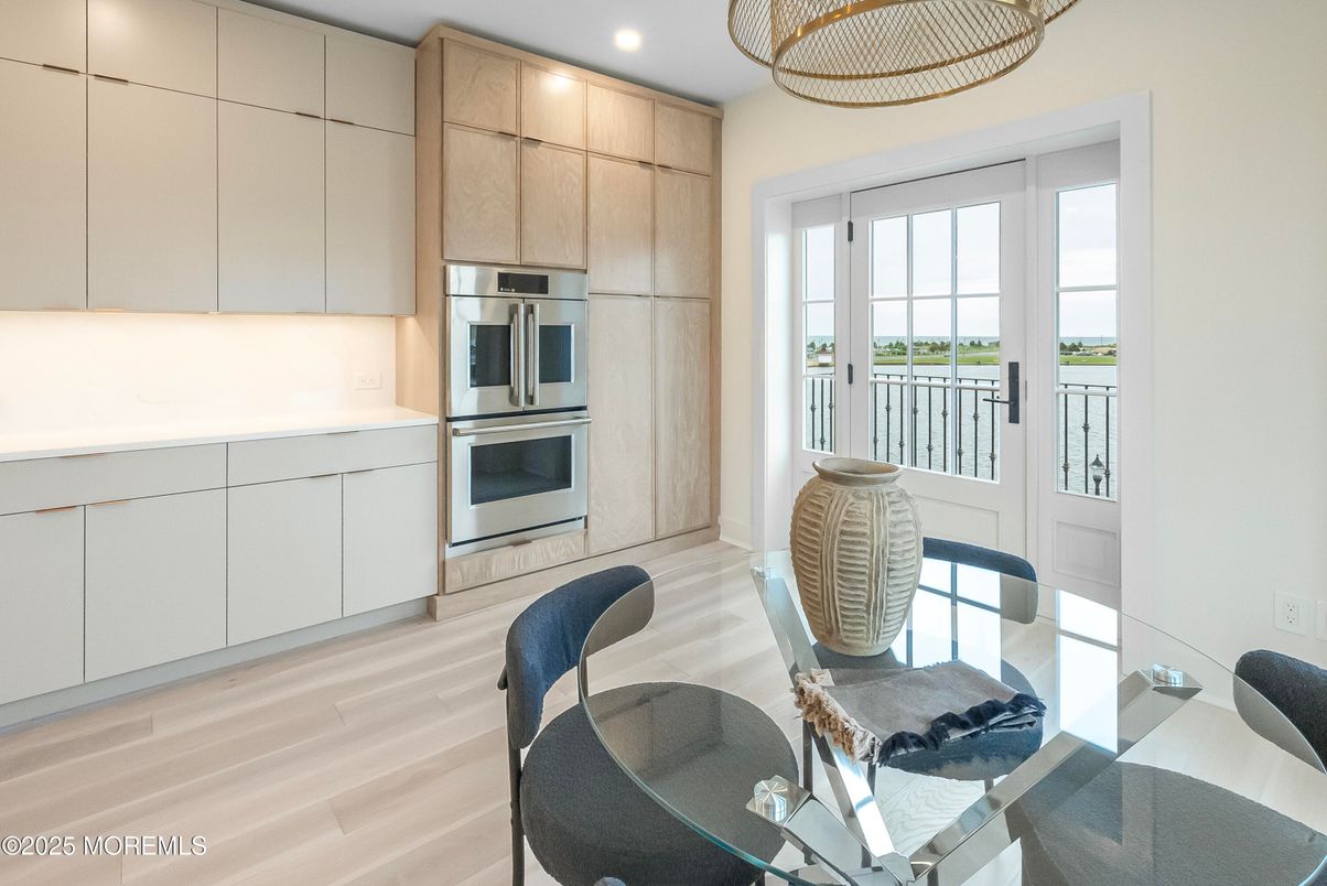 Interior, Kitchen, Recessed Lighting, Stainless Steel Appliances, Water, Wood Texture Flooring