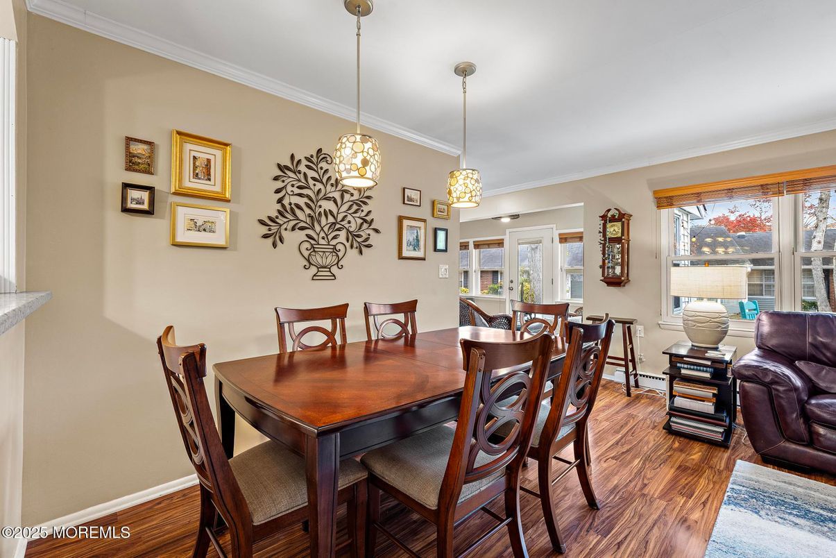 Dining room, Interior, Pendant Lights, Wood Texture Flooring