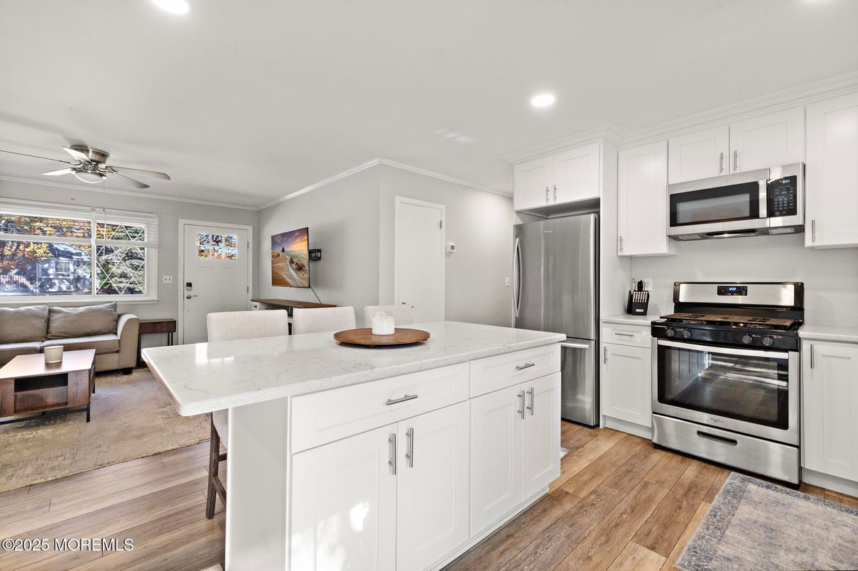 Interior, Kitchen, Living room, Recessed Lighting, Stainless Steel Appliances, Wood Texture Flooring