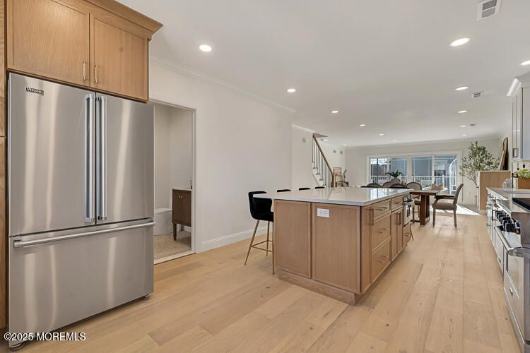 Dining room, Interior, Kitchen, Recessed Lighting, Stainless Steel Appliances, Wood Texture Flooring