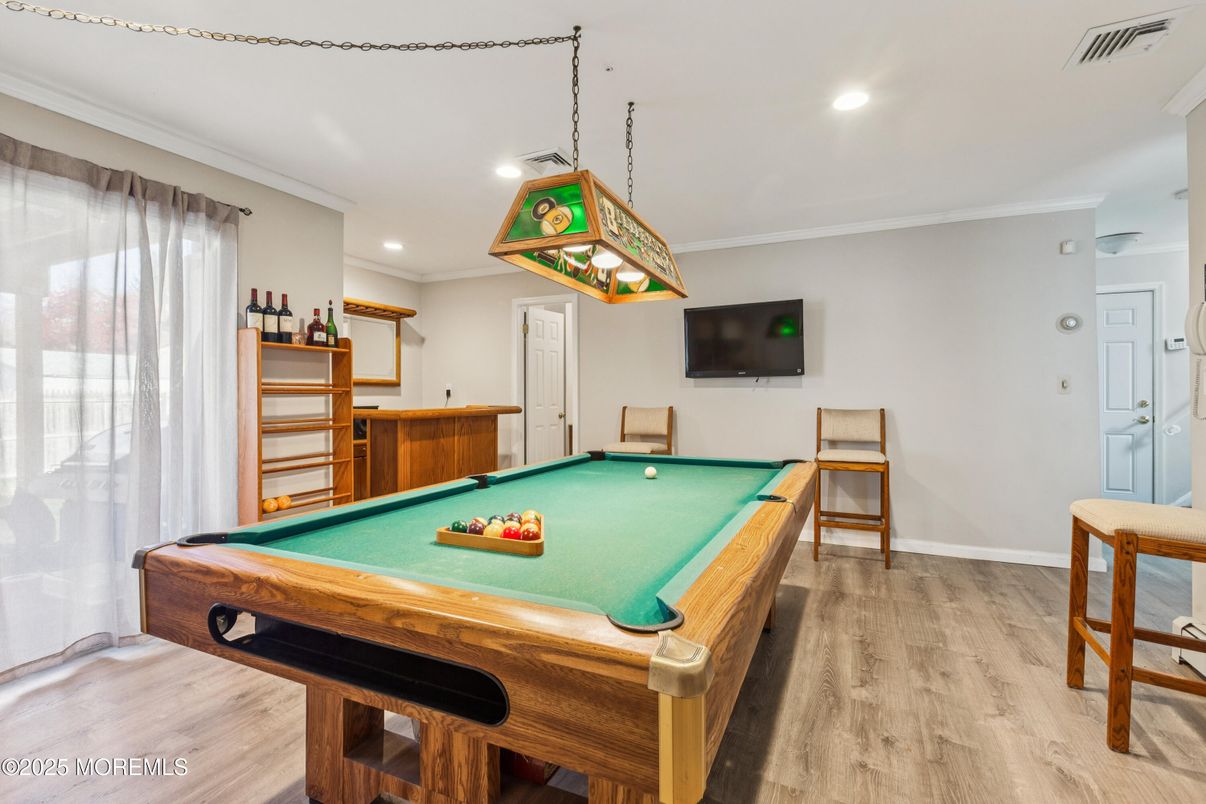 Billiard Table, Game Room, Interior, Pendant Lights, Recessed Lighting, Wood Texture Flooring