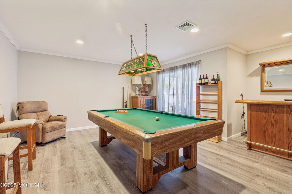 Billiard Table, Game Room, Interior, Pendant Lights, Recessed Lighting, Wood Texture Flooring