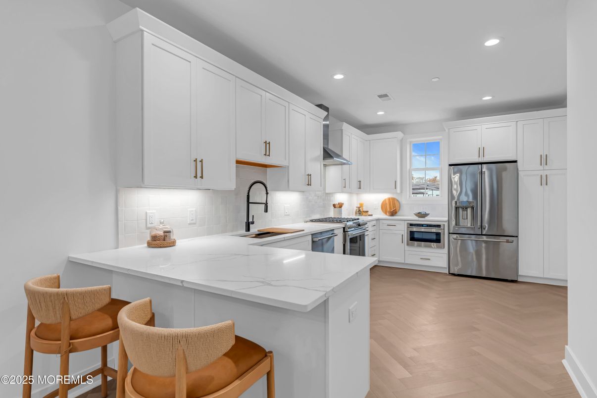 Interior, Kitchen, Recessed Lighting, Stainless Steel Appliances, Wood Texture Flooring