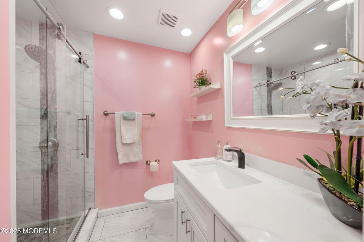 Bathroom, Glass Shower, Interior, Marble, Marble Walls, Recessed Lighting