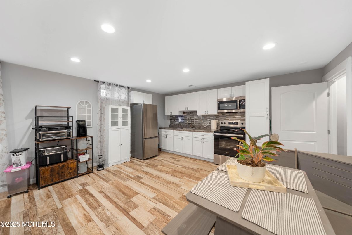 Interior, Kitchen, Recessed Lighting, Stainless Steel Appliances, Wood Texture Flooring