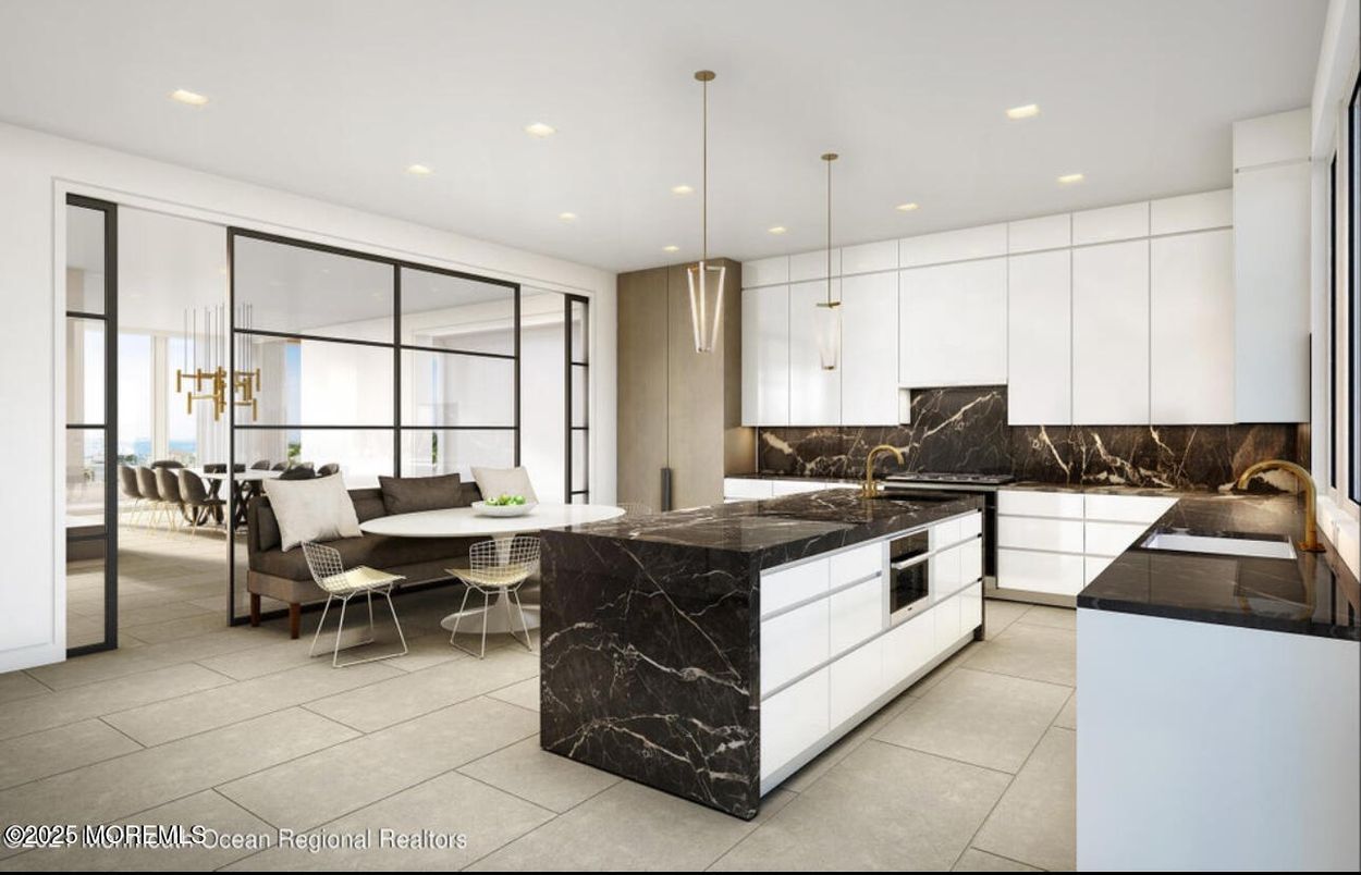 Interior, Kitchen, Living room, Marble Walls, Pendant Lights, Recessed Lighting, Stainless Steel Appliances