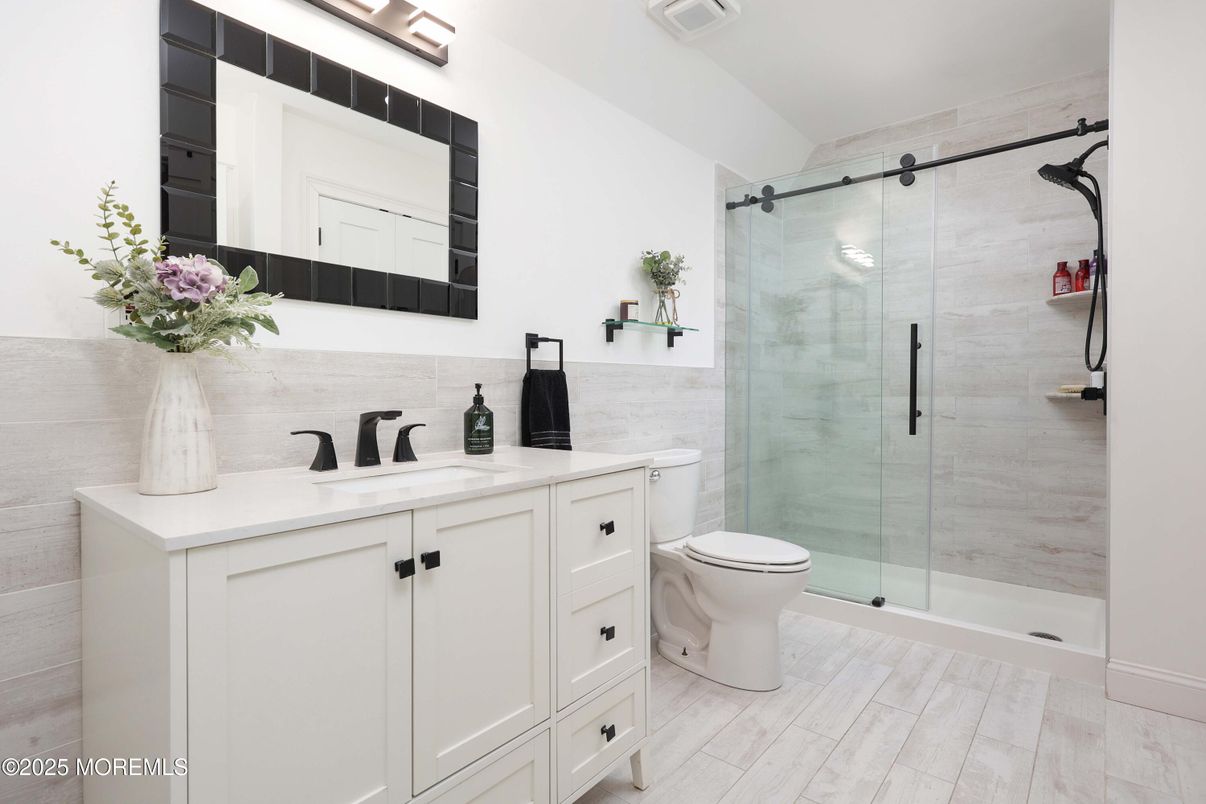 Bathroom, Glass Shower, Interior, Wood Texture Flooring