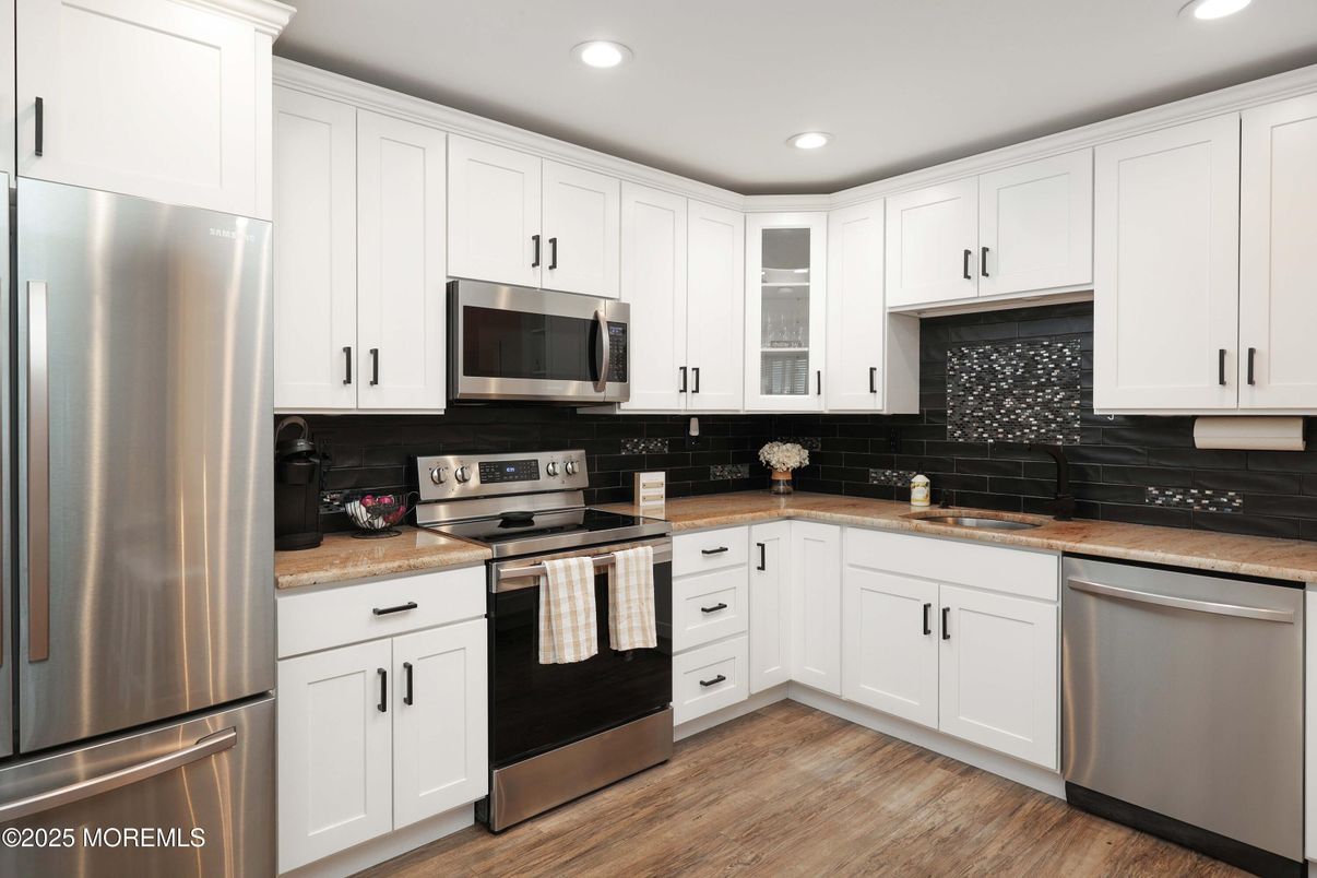 Interior, Kitchen, Recessed Lighting, Stainless Steel Appliances, Wood Texture Flooring