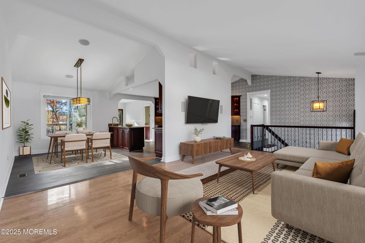 Dining room, Interior, Living room, Pendant Lights, Wood Texture Flooring