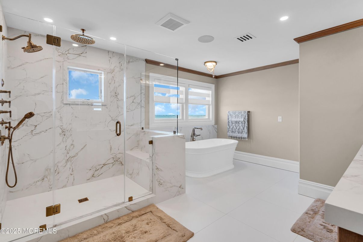 Bathroom, Glass Shower, Interior, Marble Walls, Recessed Lighting