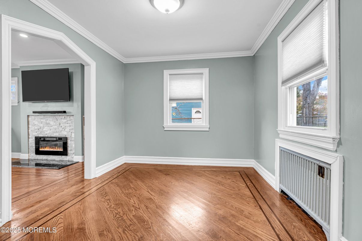 Empty room, Fireplace, Interior, Recessed Lighting, Wood Texture Flooring