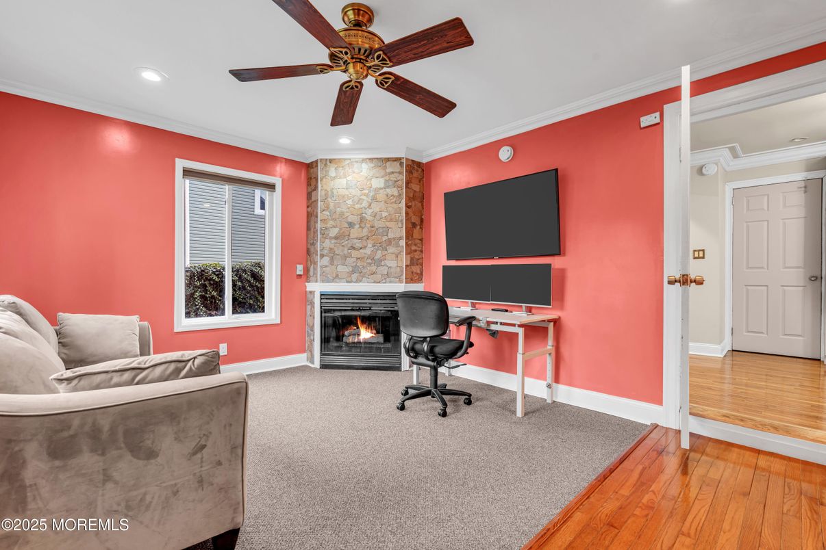 Fireplace, Home Office, Interior, Recessed Lighting, Stone Walls, Wood Texture Flooring