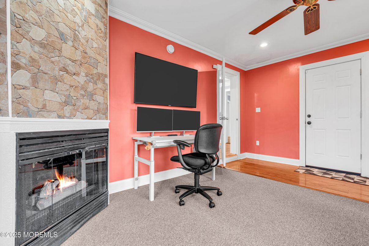 Fireplace, Home Office, Interior, Recessed Lighting, Stone Walls, Wood Texture Flooring