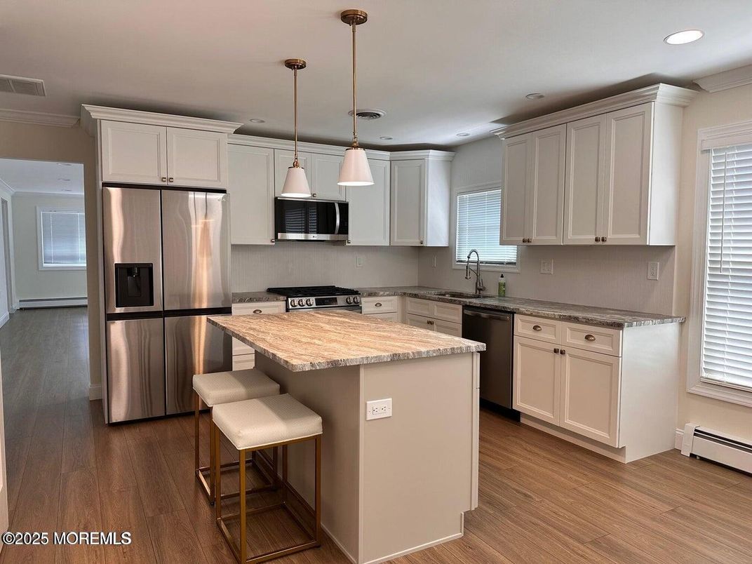 Interior, Kitchen, Pendant Lights, Recessed Lighting, Stainless Steel Appliances, Wood Texture Flooring