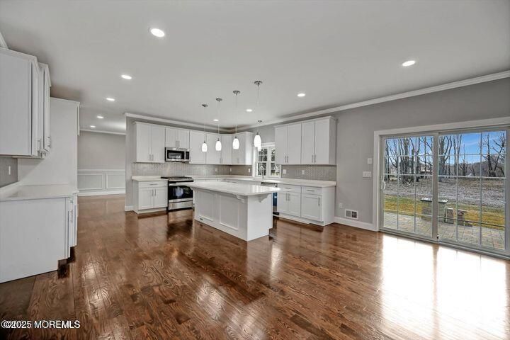 Interior, Kitchen, Pendant Lights, Recessed Lighting, Stainless Steel Appliances, Wood Texture Flooring