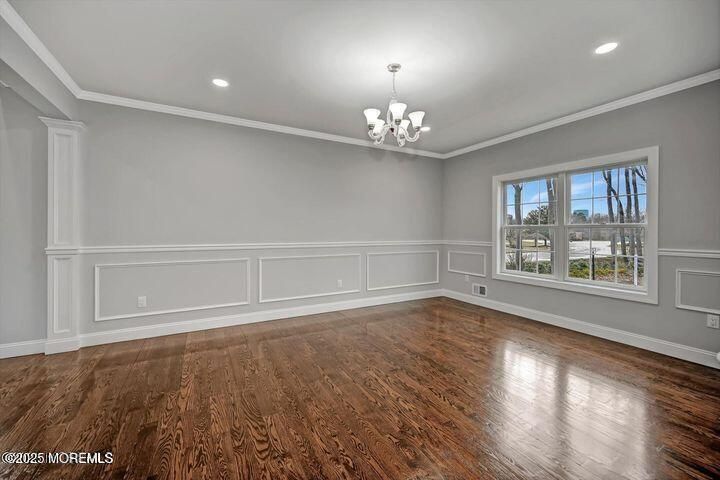 Chandelier, Empty room, Interior, Recessed Lighting, Wood Texture Flooring