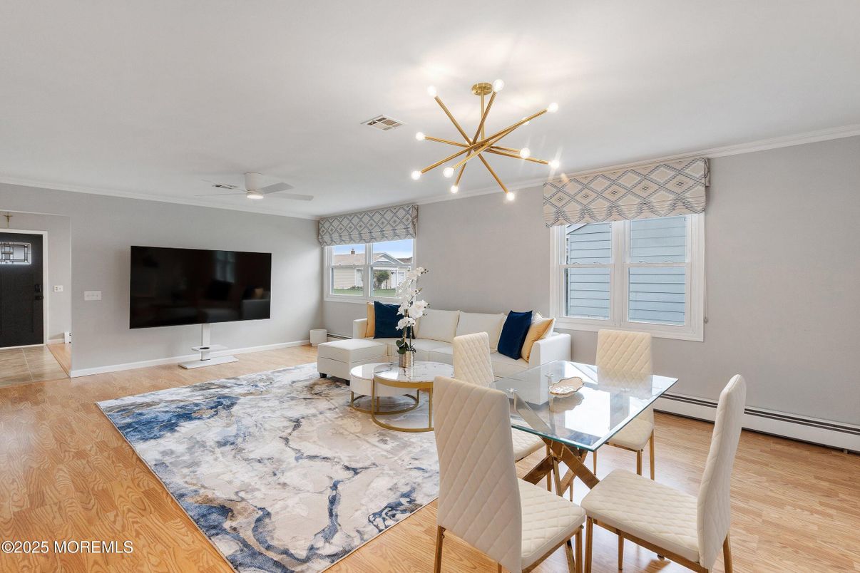 Dining room, Interior, Living room, Pendant Lights, Wood Texture Flooring