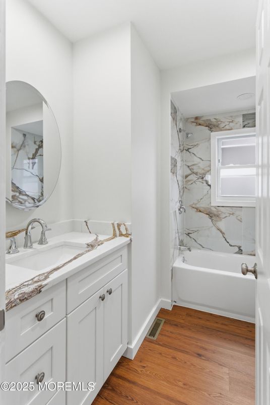 Bathroom, Interior, Marble Walls, Wood Texture Flooring