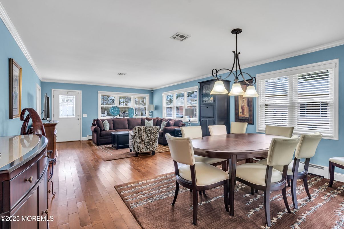 Dining room, Interior, Living room, Pendant Lights, Wood Texture Flooring