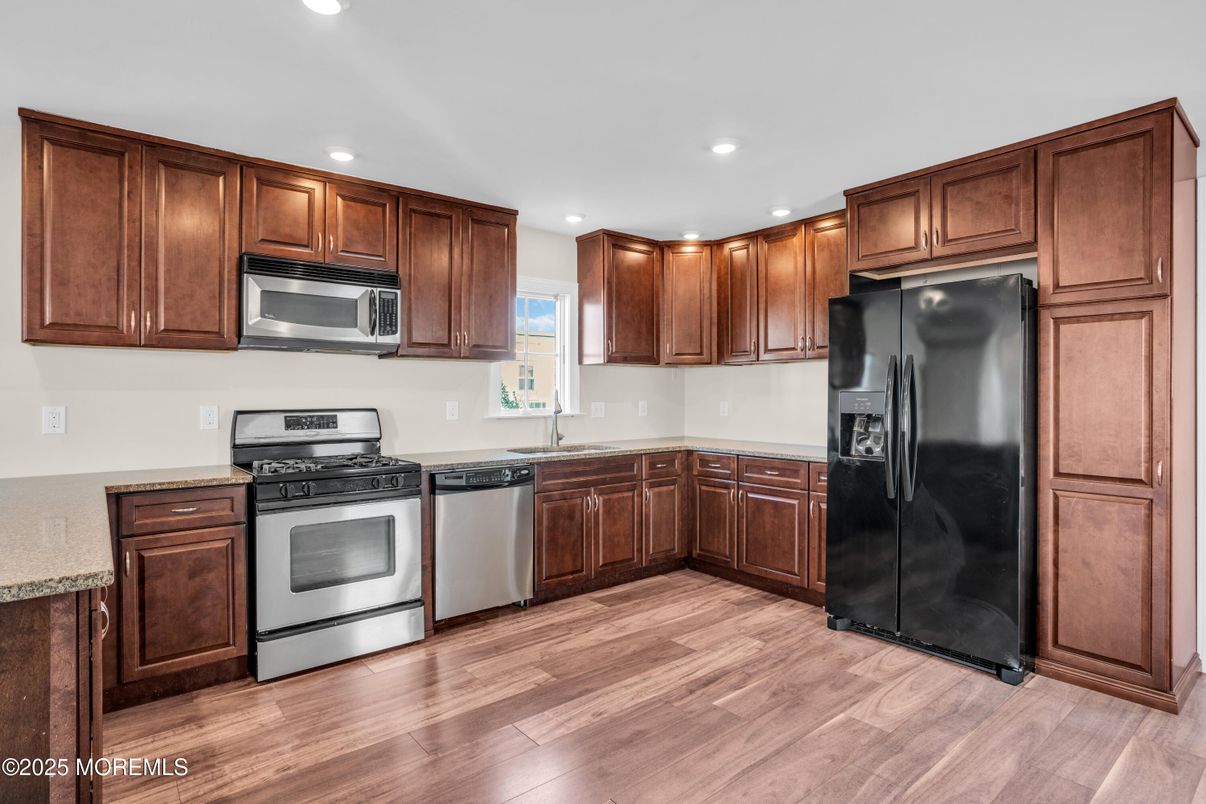 Interior, Kitchen, Recessed Lighting, Stainless Steel Appliances, Wood Texture Flooring