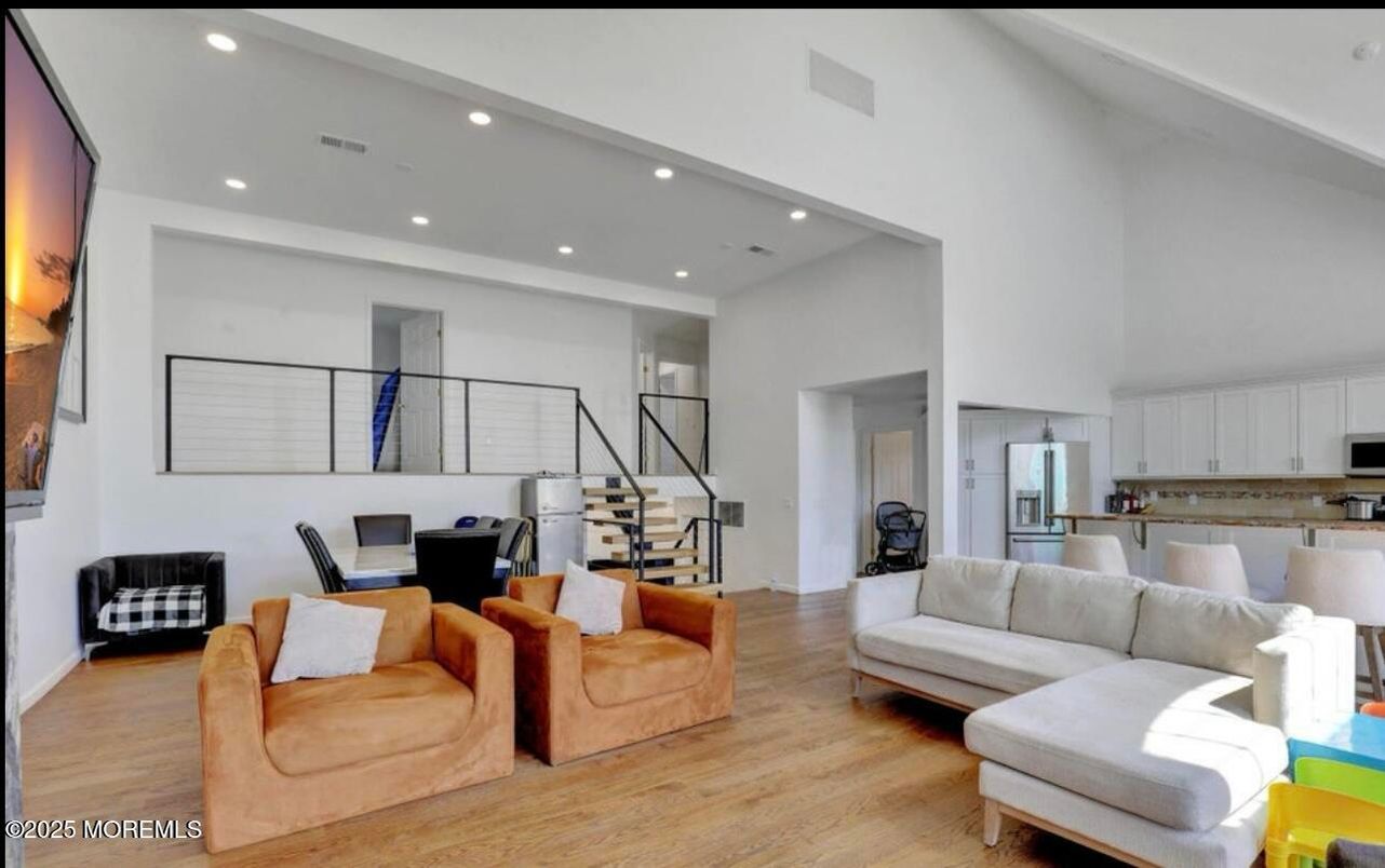 Dining room, Interior, Kitchen, Living room, Recessed Lighting, Wood Texture Flooring