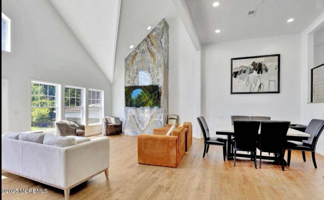 Dining room, Interior, Living room, Recessed Lighting, Wood Texture Flooring