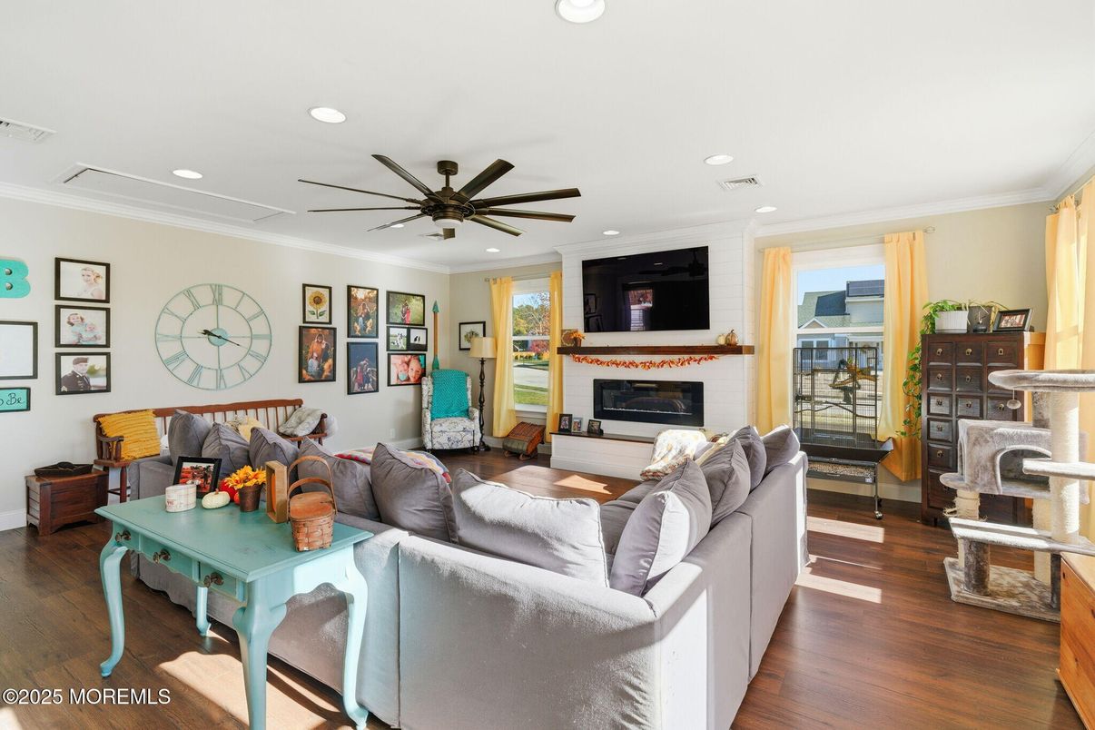 Fireplace, Interior, Living room, Recessed Lighting, Wood Texture Flooring