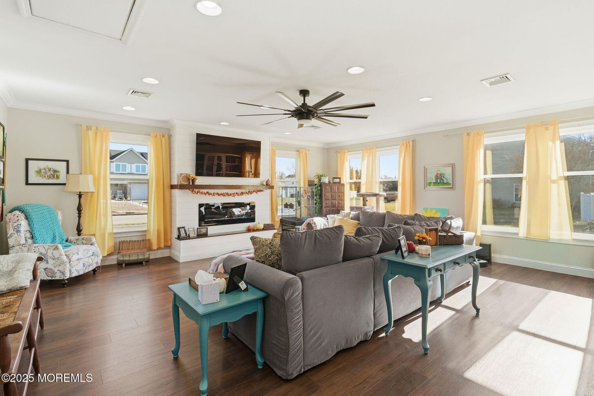 Fireplace, Interior, Living room, Recessed Lighting, Wood Texture Flooring