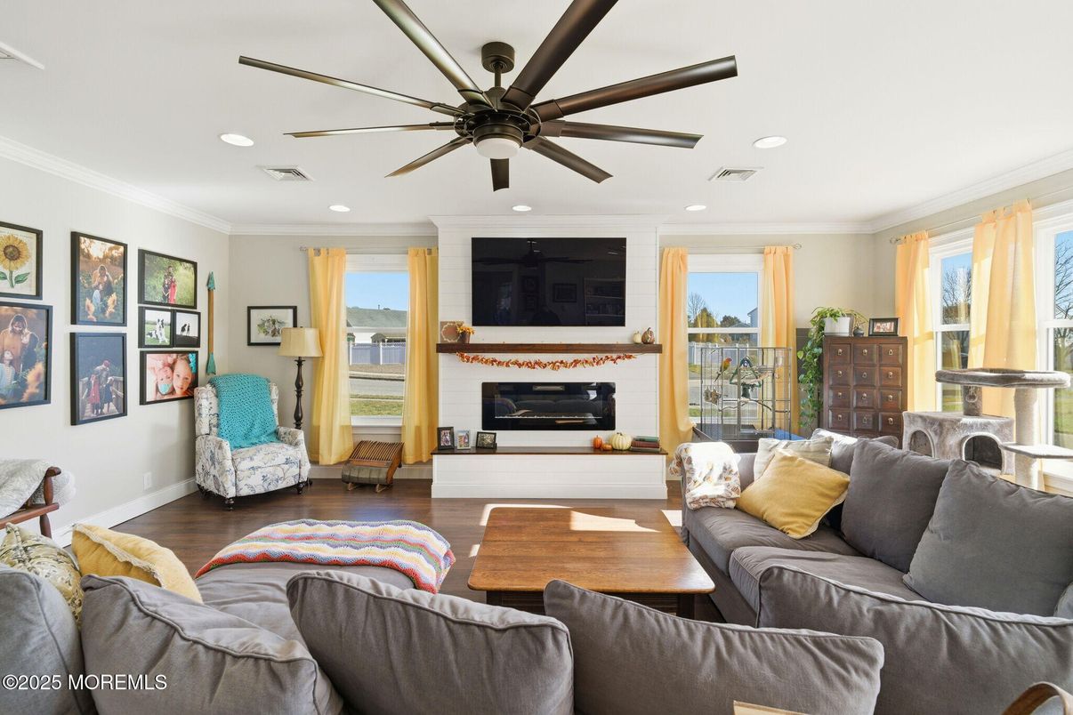 Fireplace, Interior, Living room, Recessed Lighting, Wood Texture Flooring