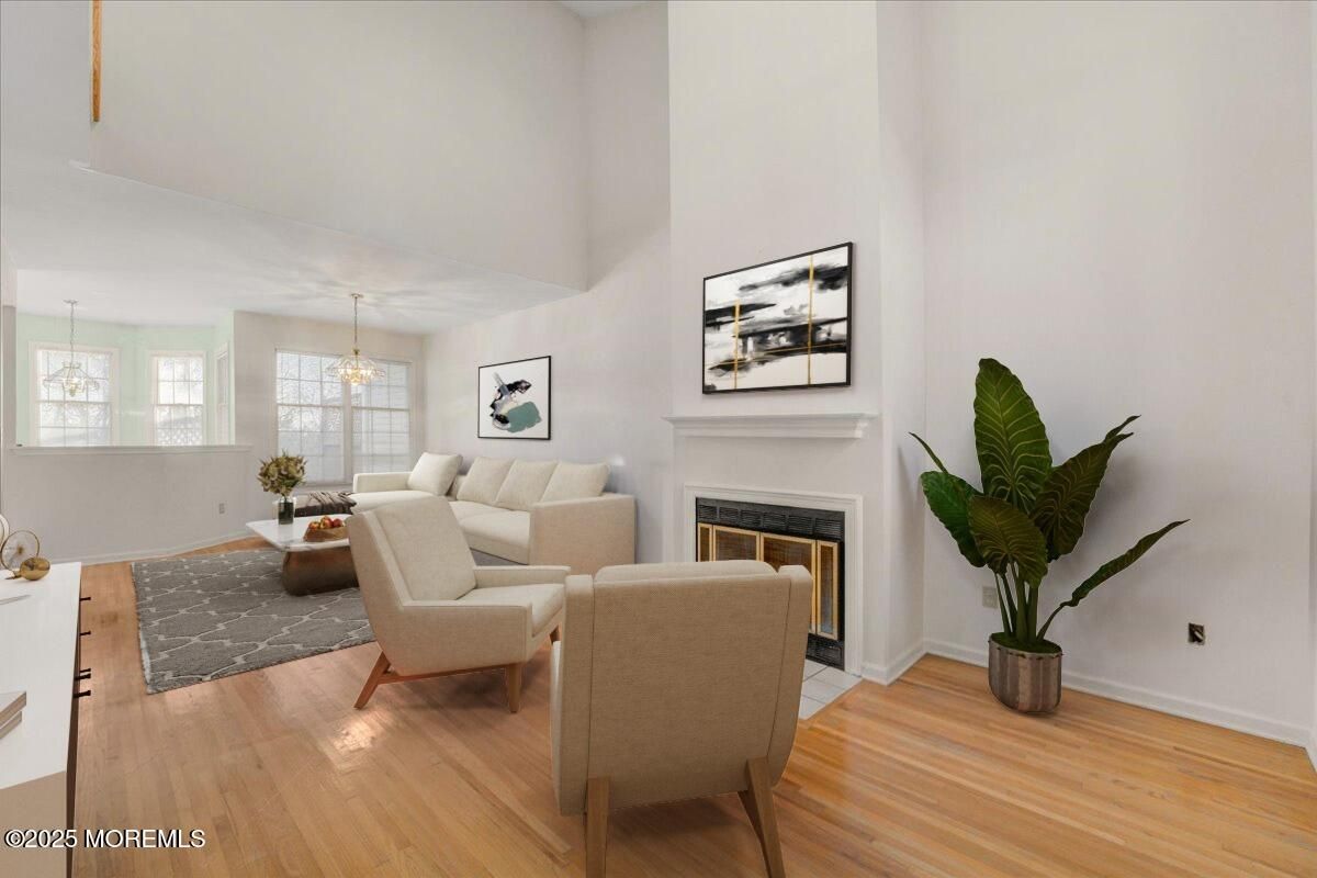 Fireplace, Interior, Living room, Pendant Lights, Wood Texture Flooring