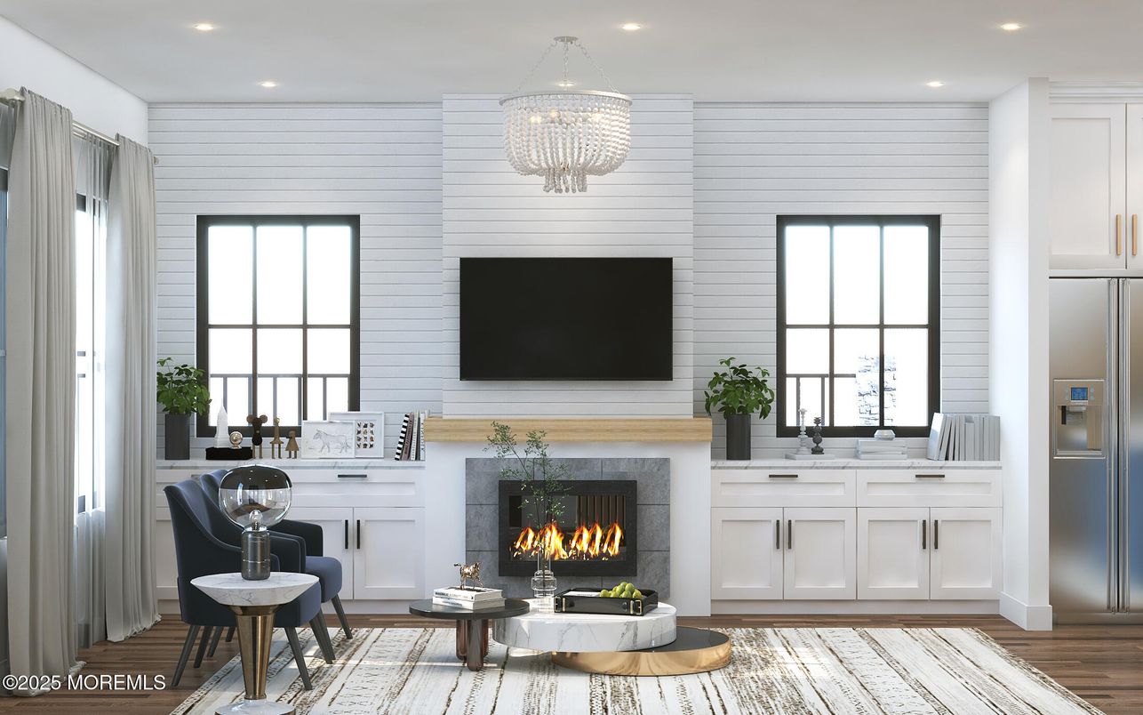 Chandelier, Fireplace, Interior, Living room, Recessed Lighting, Wood Texture Flooring