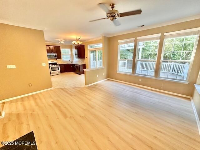 Chandelier, Empty room, Interior, Kitchen, Stainless Steel Appliances, Wood Texture Flooring