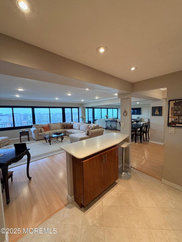 Dining room, Interior, Living room, Recessed Lighting, Water, Wood Texture Flooring