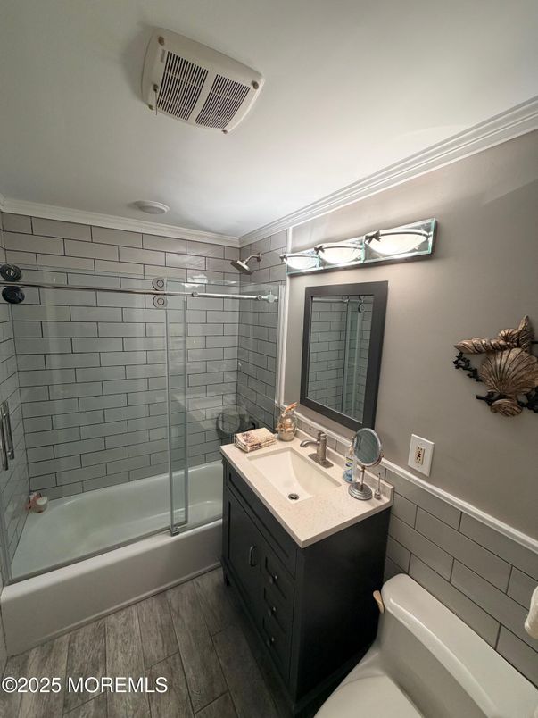 Bathroom, Glass Shower, Interior, Wood Texture Flooring