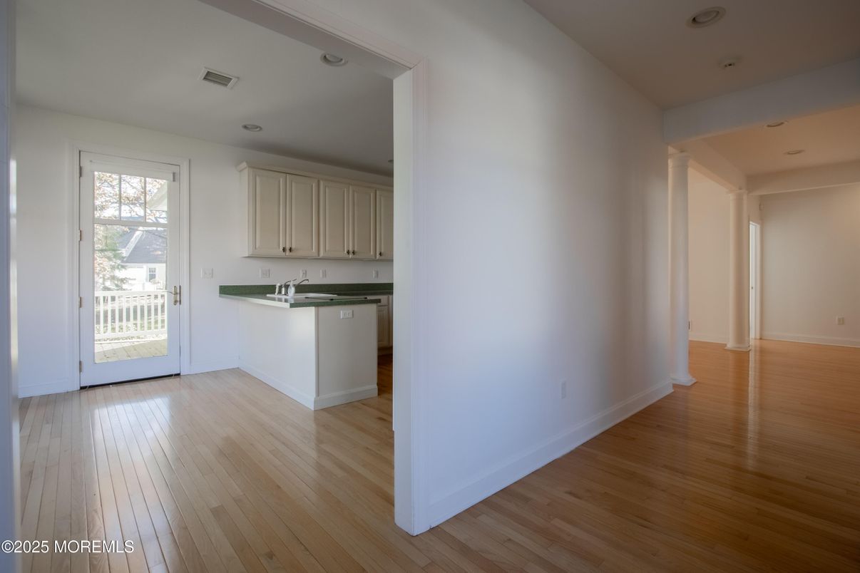 Empty room, Interior, Kitchen, Recessed Lighting, Wood Texture Flooring