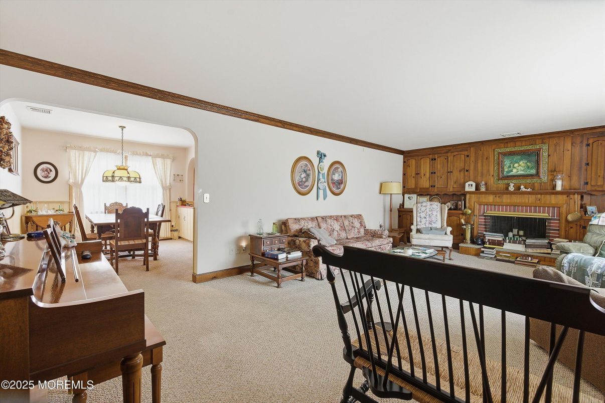 Dining room, Fireplace, Interior, Living room, Pendant Lights, Wooden Walls