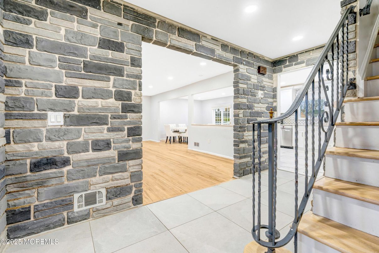 Interior, Recessed Lighting, Stone Walls, Wood Texture Flooring