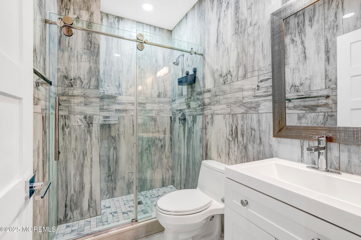 Bathroom, Glass Shower, Interior, Marble Walls, Recessed Lighting