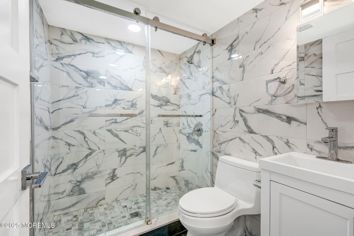 Bathroom, Glass Shower, Interior, Marble Walls, Recessed Lighting