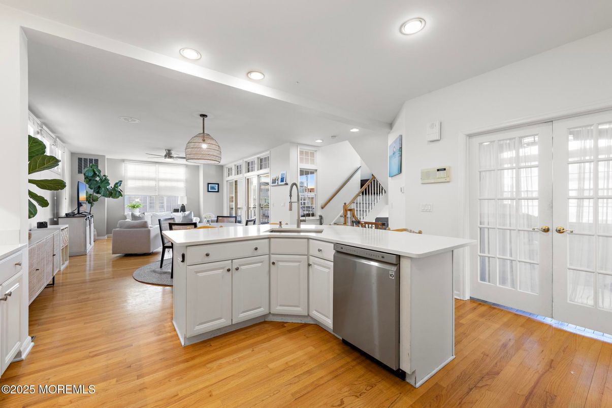 Dining room, Interior, Kitchen, Living room, Recessed Lighting, Wood Texture Flooring